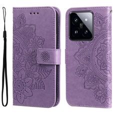 Custodia per telefono in pelle con stampa a fiori a 7 petali Xiaomi 14 Pro (viola chiaro)