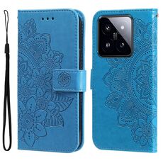Per Xiaomi 14 Pro Custodia per telefono in pelle con stampa a 7 petali di fiori (blu)