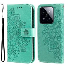 Custodia per telefono in pelle con stampa a fiori a 7 petali Xiaomi 14 Pro (verde)