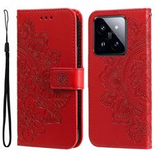 Custodia per telefono in pelle con stampa a 7 petali di fiori Xiaomi 14 Pro (rossa)