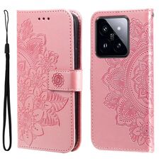 Per Xiaomi 14 Pro Custodia per cellulare in pelle con fiori a 7 petali (oro rosa)