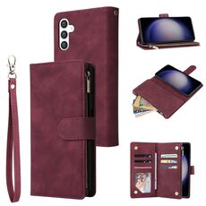Per Samsung Galaxy S24 5G Custodia multifunzionale in pelle con cerniera satinata a portafoglio (vino rosso)