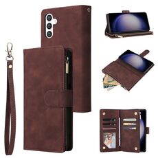 Per Samsung Galaxy S24 5G Custodia multifunzionale in pelle con cerniera satinata a portafoglio (caffè)