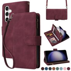 Per Samsung Galaxy S23 FE 5G Crossbody Multi-card Slot Portafoglio Custodia in pelle con cerniera (Vino Rosso)