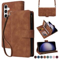 Per Samsung Galaxy S23 FE 5G Crossbody Multi-card Slot Portafoglio Custodia in pelle con cerniera (Marrone)