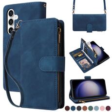 Per Samsung Galaxy S23 FE 5G Crossbody Multi-card Slot Portafoglio Custodia in pelle con cerniera (Blu scuro)