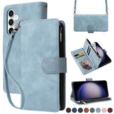 Per Samsung Galaxy S23 FE 5G Crossbody Multi-card Slot Portafoglio Custodia in pelle con cerniera (Azzurro)