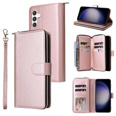 Per Samsung Galaxy S24 5G 9 slot per schede Custodia a portafoglio con cerniera Custodia in pelle per telefono (oro rosa)