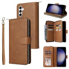 Custodia per telefono in pelle con cerniera per Samsung Galaxy S23 FE 5G 9 slot per schede (marrone)