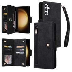 Custodia in pelle tripla per Samsung Galaxy S24+ 5G con fibbia con rivetto e 9 carte (nera)