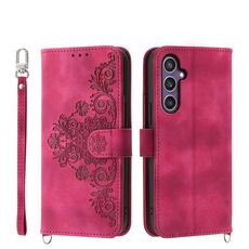 Custodia a portafoglio in pelle con fiori in rilievo per Samsung Galaxy S24+ 5G (vino rosso)