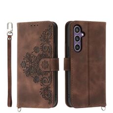 Custodia a portafoglio in pelle con fiori in rilievo per Samsung Galaxy S24+ 5G (marrone)