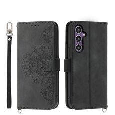 Custodia a portafoglio in pelle con fiori in rilievo per Samsung Galaxy S24+ 5G (nera)