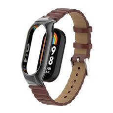 Custodia in metallo integrata per Xiaomi Mi Band 8 + cinturino in pelle di bambù (marrone rosso)