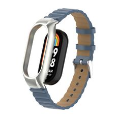 Custodia in metallo integrata per Xiaomi Mi Band 8 + cinturino in pelle di bambù (grigio argento)