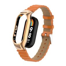 Custodia in metallo integrata per Xiaomi Mi Band 8 + cinturino in pelle di bambù (arancione)