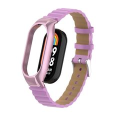 Custodia in metallo integrata per Xiaomi Mi Band 8 + cinturino in pelle di bambù (rosa rosa)