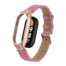 Custodia in metallo integrata per Xiaomi Mi Band 8 + cinturino in pelle di bambù (rosa rossa)