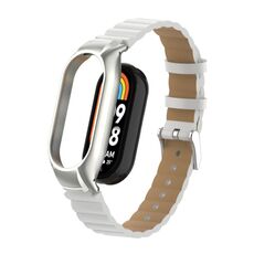 Custodia in metallo integrata per Xiaomi Mi Band 8 + cinturino in pelle di bambù (bianco)