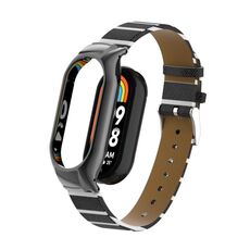 Custodia in metallo integrata per Xiaomi Mi Band 8 + cinturino in pelle di colore secondario (nero)