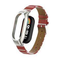 Custodia in metallo integrata per Xiaomi Mi Band 8 + cinturino in pelle di colore secondario (marrone)