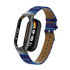 Custodia in metallo integrata per Xiaomi Mi Band 8 + cinturino in pelle di colore secondario (blu)