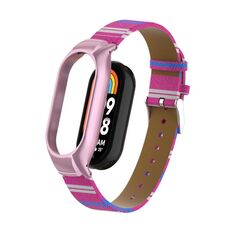 Custodia in metallo integrata per Xiaomi Mi Band 8 + cinturino in pelle di colore secondario (rosa)