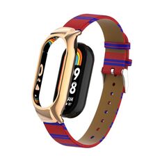 Custodia in metallo integrata per Xiaomi Mi Band 8 + cinturino in pelle di colore secondario (rosso)