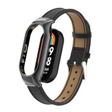 Custodia in metallo integrata per Xiaomi Mi Band 8 + cinturino in pelle con texture Litchi (nero)
