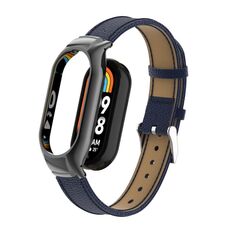 Custodia in metallo integrata per Xiaomi Mi Band 8 + cinturino in pelle con texture Litchi (blu)