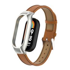 Custodia in metallo integrata per Xiaomi Mi Band 8 + cinturino in pelle con texture Litchi (marrone)