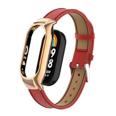 Custodia in metallo integrata per Xiaomi Mi Band 8 + cinturino in pelle con texture Litchi (rosso)
