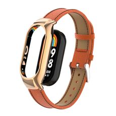 Custodia in metallo integrata per Xiaomi Mi Band 8 + cinturino in pelle con texture Litchi (arancione)