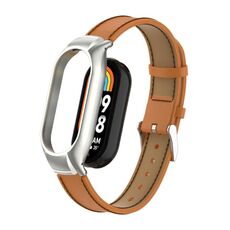 Custodia in metallo integrata per Xiaomi Mi Band 8 + cinturino in pelle cucita in microfibra (marrone)