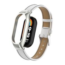 Custodia in metallo integrata per Xiaomi Mi Band 8 + cinturino in pelle cucita in microfibra (bianco)