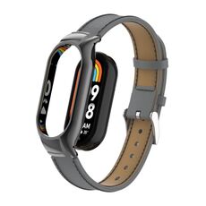 Custodia in metallo integrata per Xiaomi Mi Band 8 + cinturino in pelle cucita in microfibra (grigio)