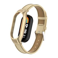 Custodia in metallo integrata per Xiaomi Mi Band 8 + cinturino in pelle cucita in microfibra (champagne)