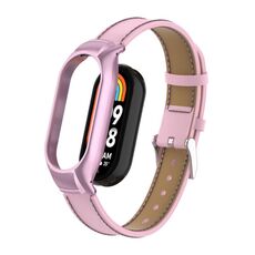 Custodia in metallo integrata per Xiaomi Mi Band 8 + cinturino in pelle cucita in microfibra (rosa)