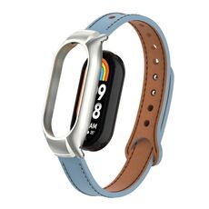 Custodia in metallo integrata per Xiaomi Mi Band 8 + cinturino in pelle in microfibra a doppio chiodo (azzurro)