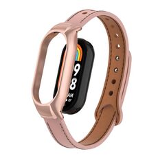 Custodia in metallo integrata per Xiaomi Mi Band 8 + cinturino in pelle in microfibra a doppio chiodo (rosa)