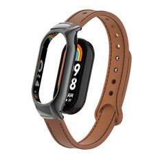 Custodia in metallo integrata per Xiaomi Mi Band 8 + cinturino in pelle in microfibra a doppio chiodo (marrone)