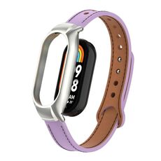 Custodia in metallo integrata per Xiaomi Mi Band 8 + cinturino in pelle in microfibra a doppio chiodo (rosa viola)