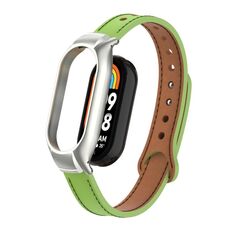 Custodia in metallo integrata per Xiaomi Mi Band 8 + cinturino in pelle in microfibra a doppio chiodo (verde erba)