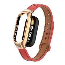 Custodia in metallo integrata per Xiaomi Mi Band 8 + cinturino in pelle in microfibra a doppio chiodo (rosso)