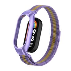 Custodia in metallo integrata per Xiaomi Mi Band 8 + cinturino magnetico milanese (viola + oro)