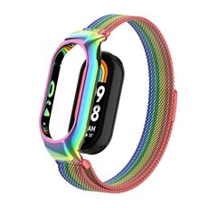 Per custodia in metallo integrata Xiaomi Mi Band 8 + cinturino magnetico milanese (barre arcobaleno)