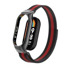 Per Xiaomi Mi Band 8 Custodia in metallo integrata + cinturino magnetico milanese (nero + rosso)