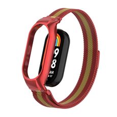 Custodia in metallo integrata per Xiaomi Mi Band 8 + cinturino magnetico milanese (rosso + oro)