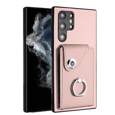 Per Samsung Galaxy S22 Ultra 5G Custodia per telefono in PU con supporto ad anello per porta tessere (rosa)