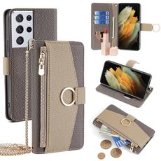 Custodia per telefono in pelle con trama crossbody Litchi per Samsung Galaxy S21 Ultra 5G (grigio)